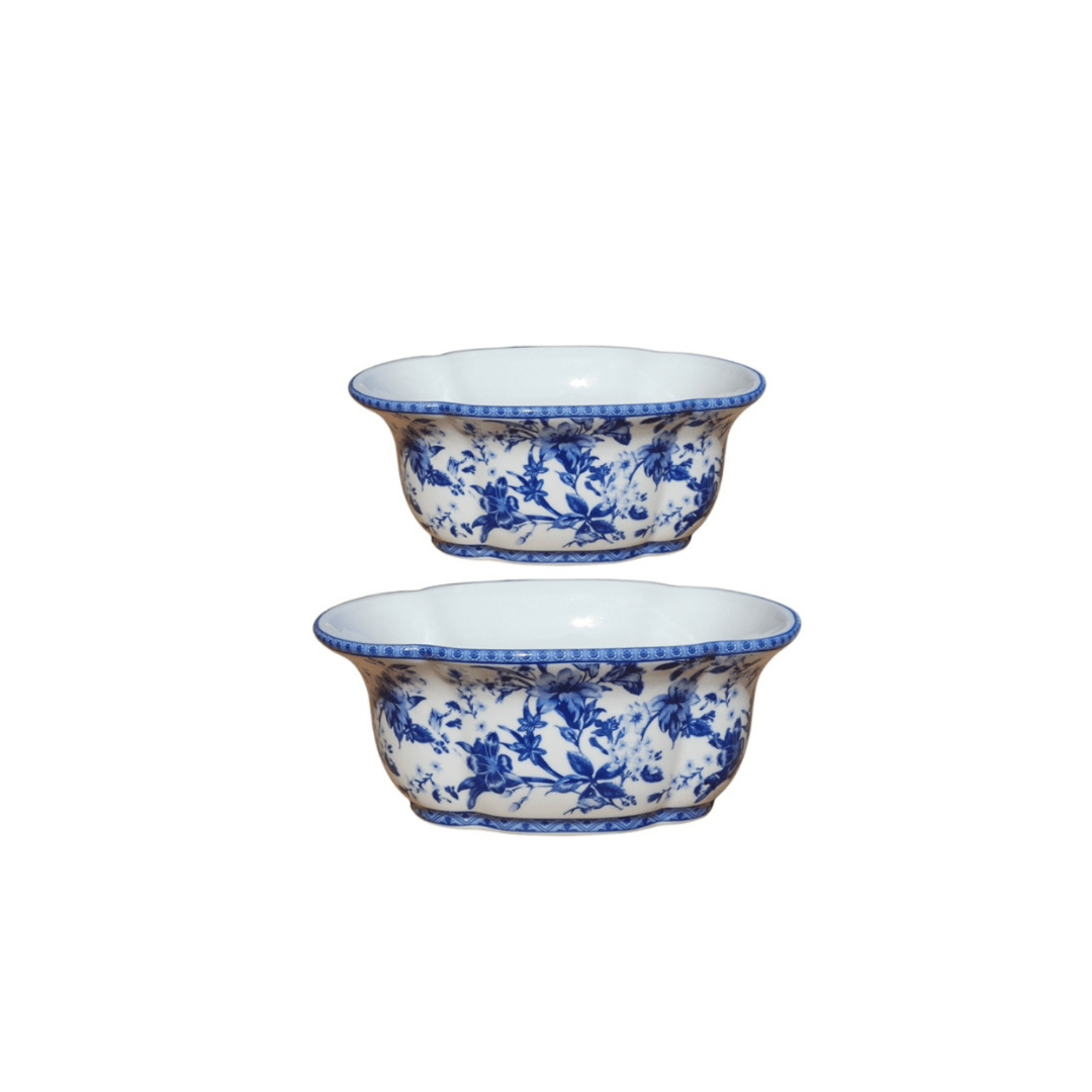 EE Lighting Blue & White Porcelain Oval Cache Pot (Set 2)
