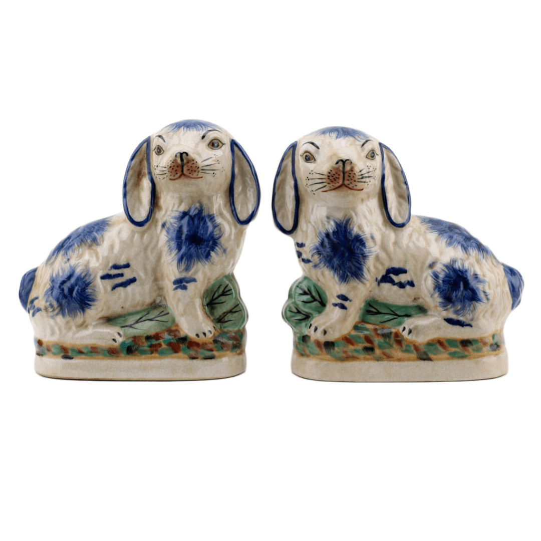 Danny's Fine Porcelain Pair - Small Staffordshire Bunny Hares in Blue