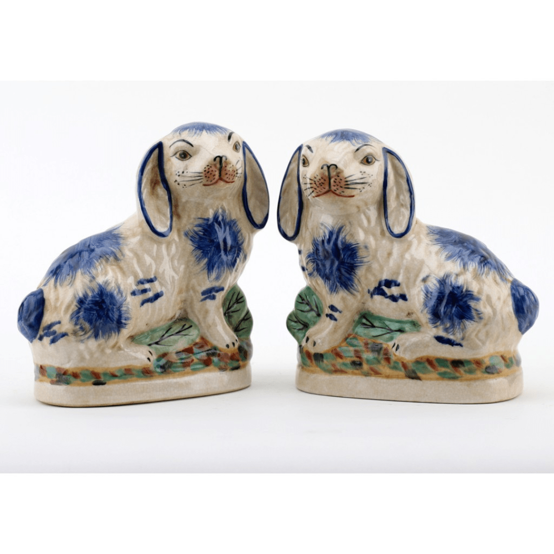 Staffordshire Reproduction Blue Pair Bunnies Figurines-8''H