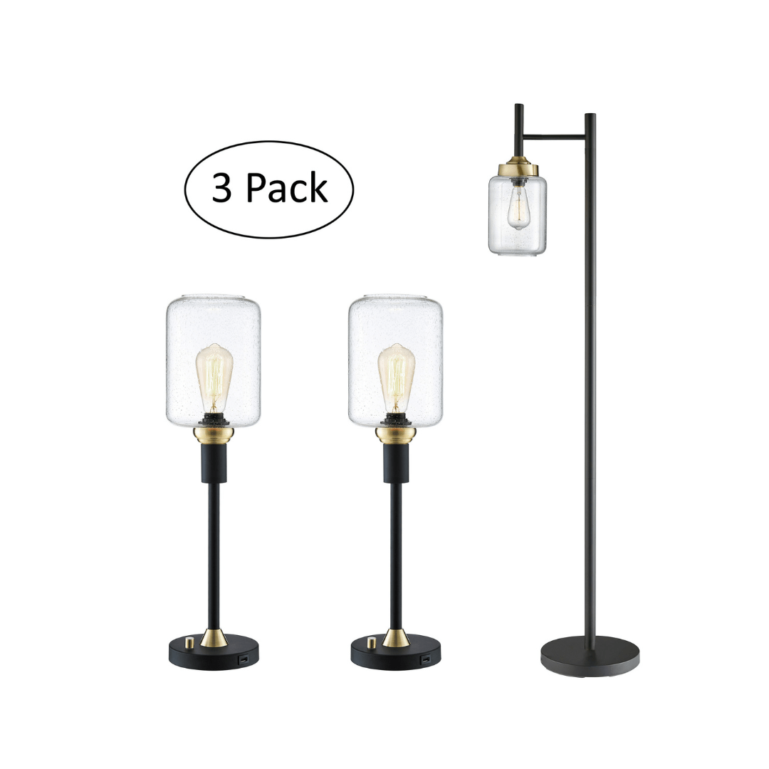 Lite Source table lamp Maldives Black and Brass Metal Floor and Table Lamps Set of 3 with USB Ports